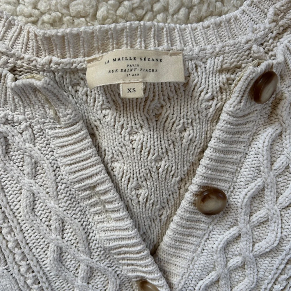Sezane Cream Cable Knit 100% Cotton Cardigan XS - Picture 4 of 9